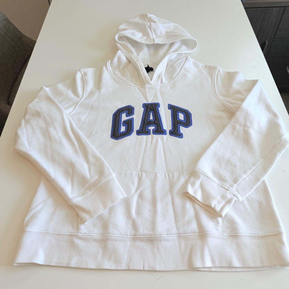 Gap Womens White Fleece Logo Hoodie Sweatshirt Blue Grey Arch Logo Large